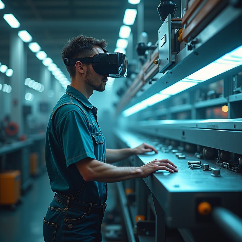 Factory Worker Wears VR Goggles on Futuristic Production Lin...