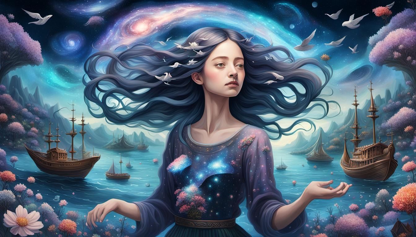 Surreal Galaxy Goddess in a Whimsical, Warped Landscape