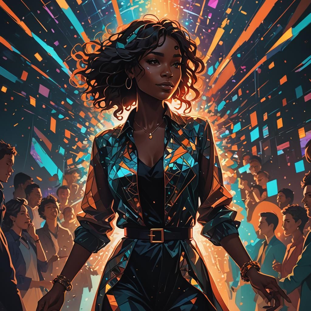 Vibrant Disco Goddess Radiates Joy in a Triadic Color Scheme