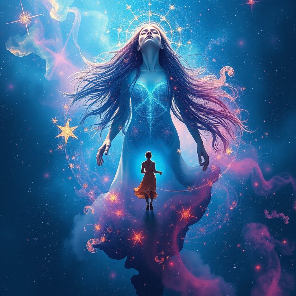 Dreamer's Cosmic Odyssey in Vibrant, Iridescent Hues