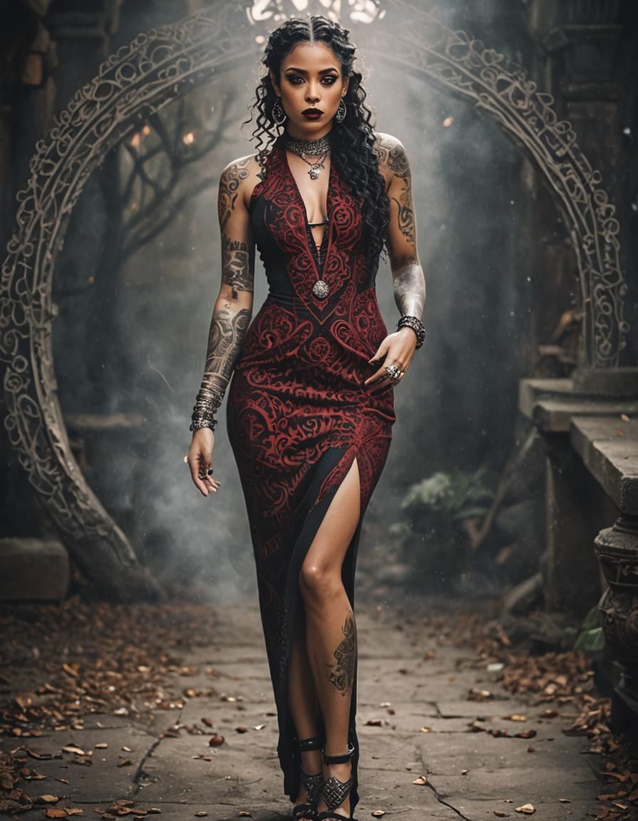 Gothic Red Wizard with Intricate Tattoos and Ornate Jewelry