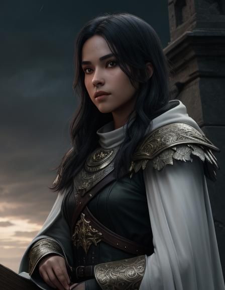 Dark Fantasy Woman Sits on Stone Staircase with Black Dog