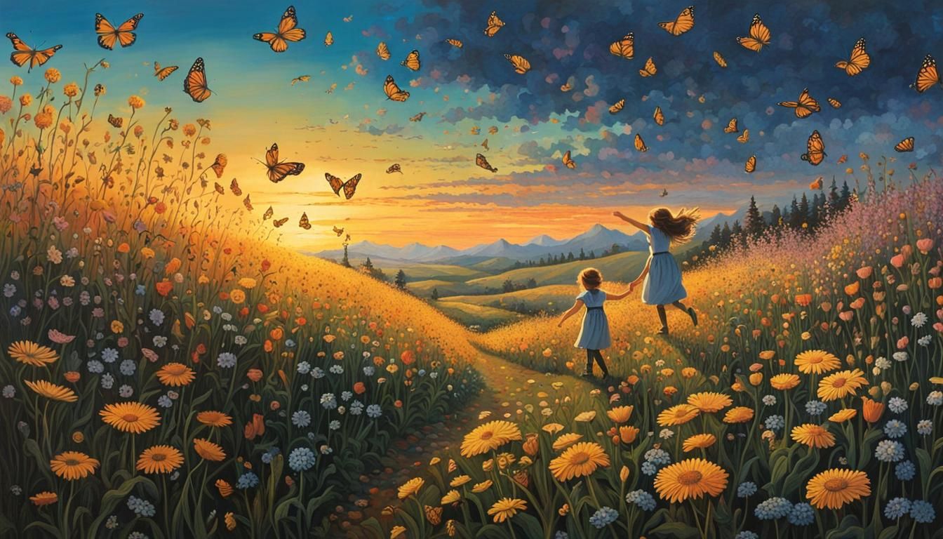 A Young Girl Dances in a Vibrant Floral Oasis, as Evening Li...