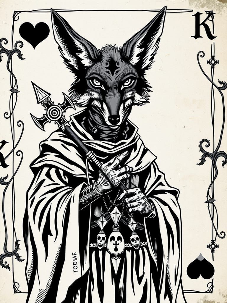 Medieval Coyote Death Card in Dark Fantasy Gothic Style