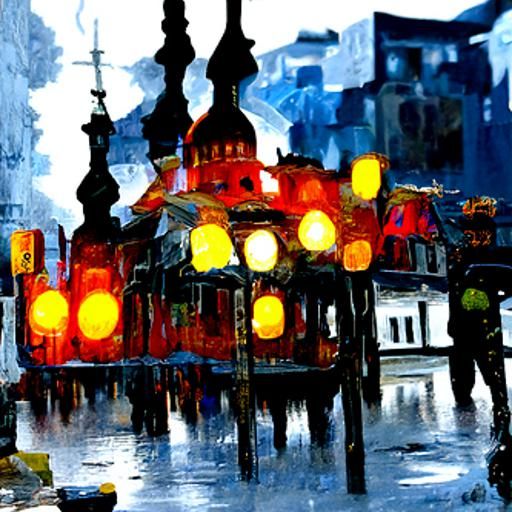 St Petersburg Rainy Night Cityscape in Vibrant Oil Painting....