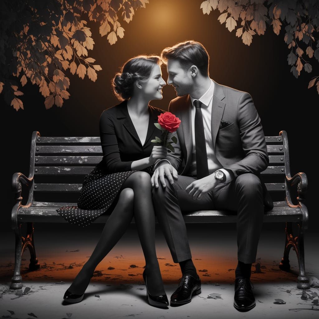 Monochrome Couple with Red Rose, Detailed Digital Art