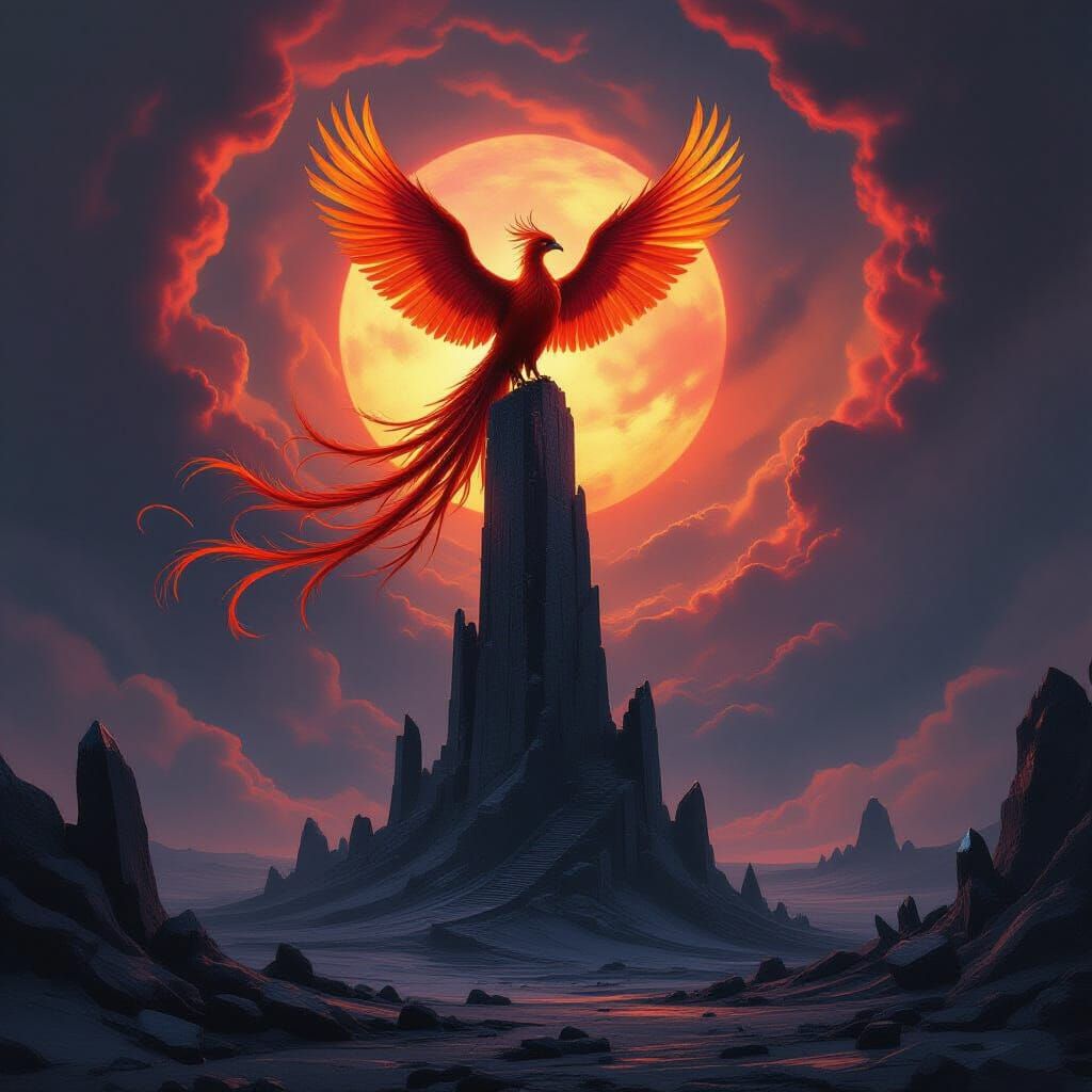 Phoenix on Obsidian Tower Amidst Cosmic Nebula