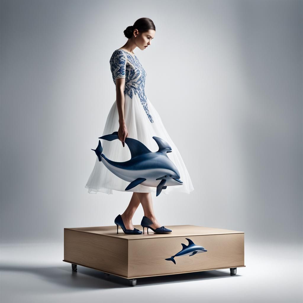 Hyper Realistic Portrait of Woman in Dolphin Dress on White....