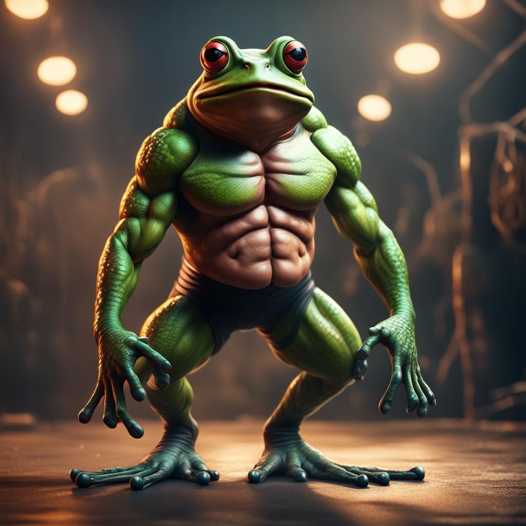 Muscular Frog Wrestler in Vibrant Fantasy Scene