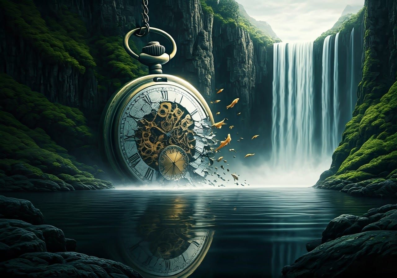 Surrealistic Timepiece Rises Above Serene Waterfall