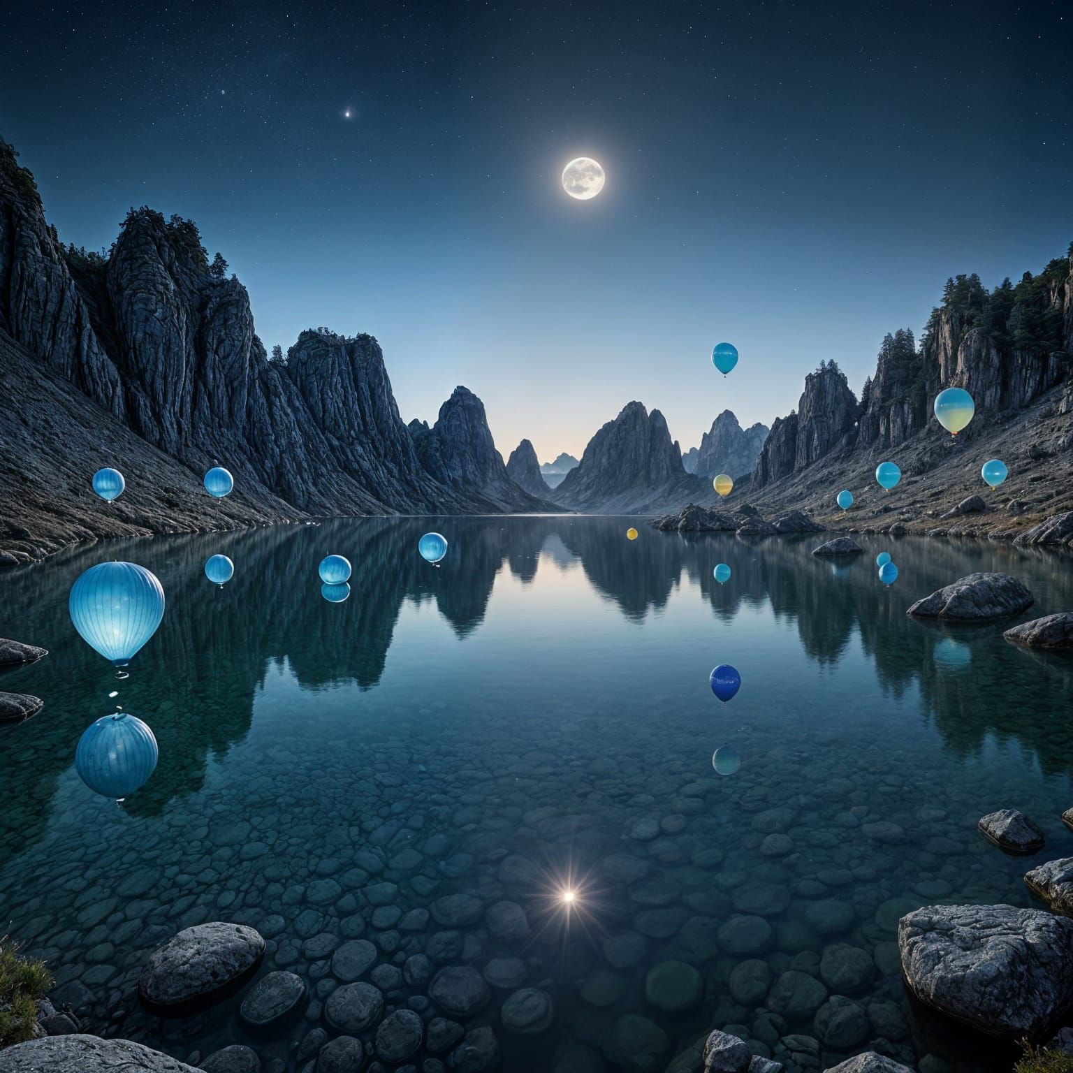 Blue Moonscape Balloon Reflection on Serene Lake