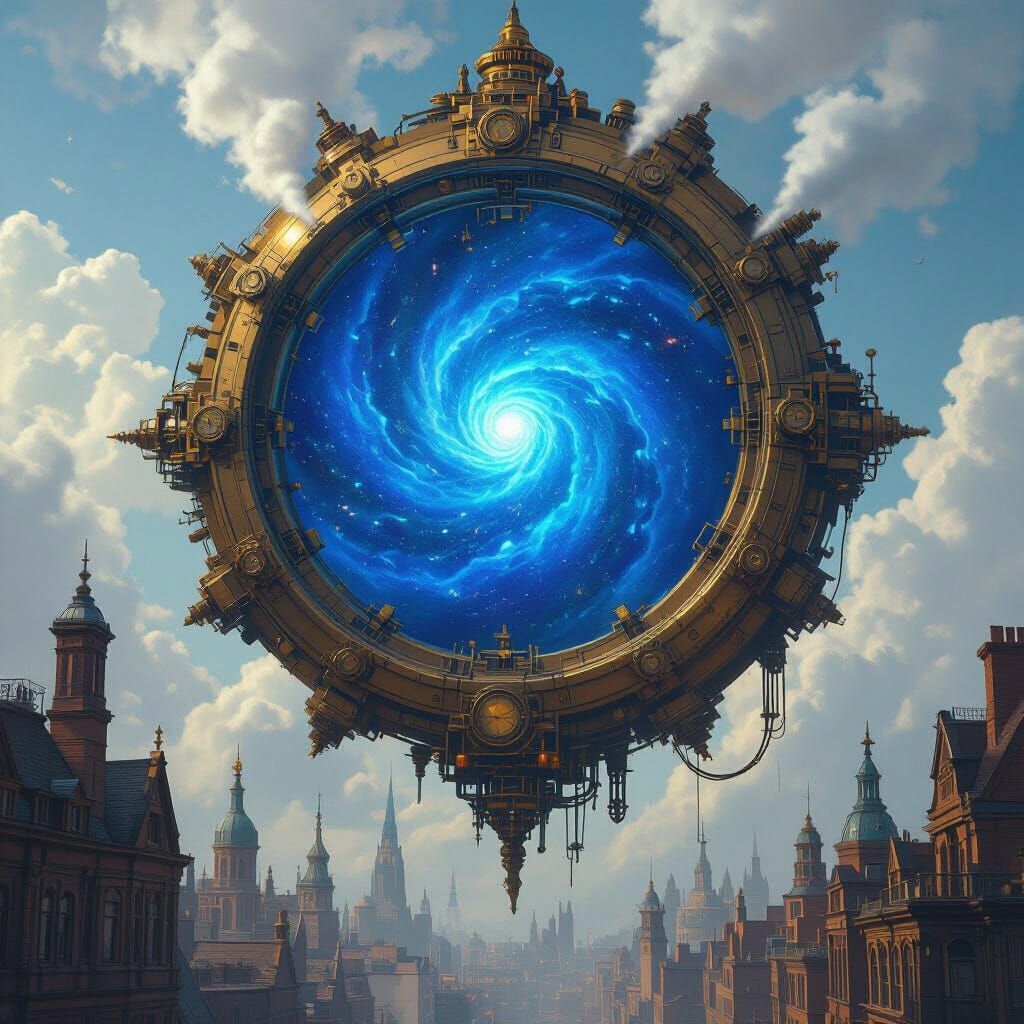 Steampunk Portal Above Victorian Cityscape