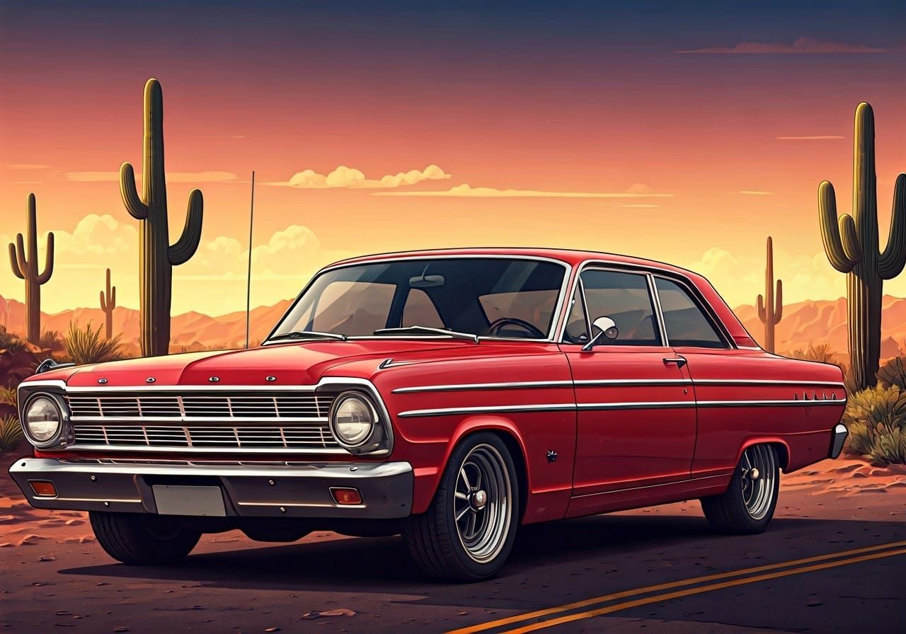 Vibrant 1964 Ford Fairlane in Japanese Anime Style, Set Agai...