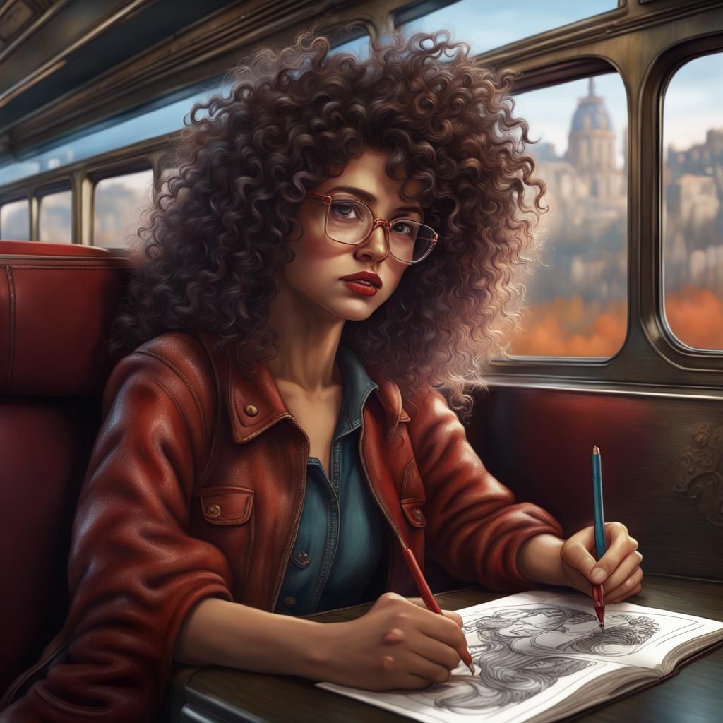 Hispanic Woman Sketching on 1980s Paris Train