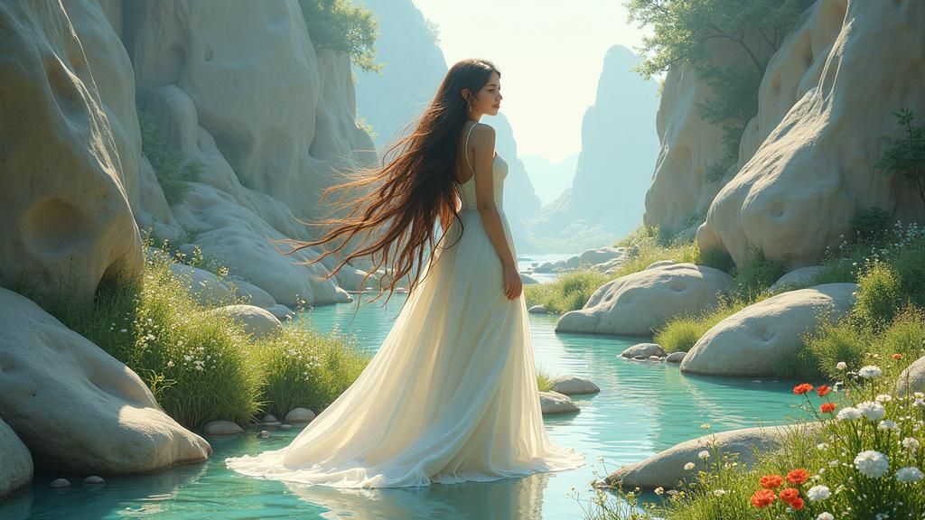 Serene Woman in Dreamy Landscape, Digital Painting