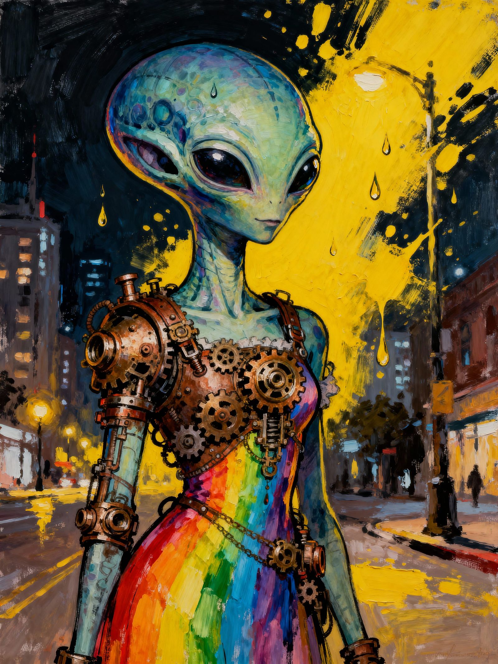 Steampunk Alien in Rainbow Dress, Vivid Oil Painting
