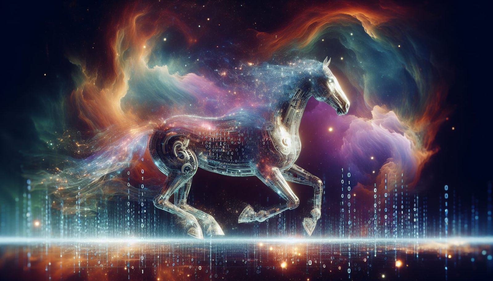Cyber Equine Rides Through Celestial Liquid Metal Dreamscape