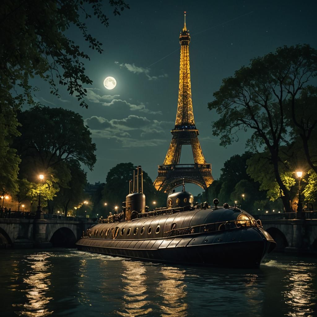 Steampunk Nautilus Anchors Under Eiffel Tower's Feet at Moon...