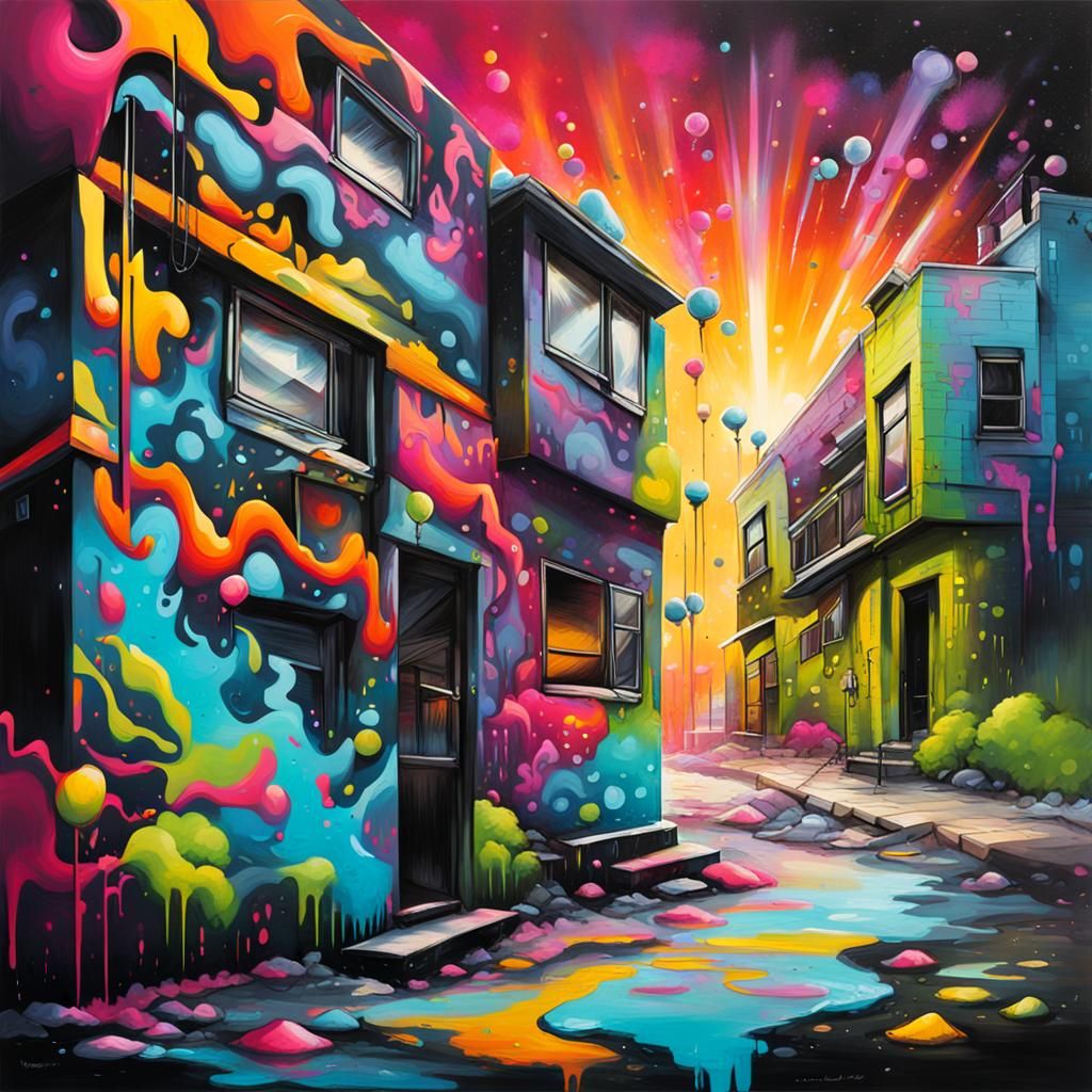 Northern Lights Cityscape Vibrant Street Graffiti