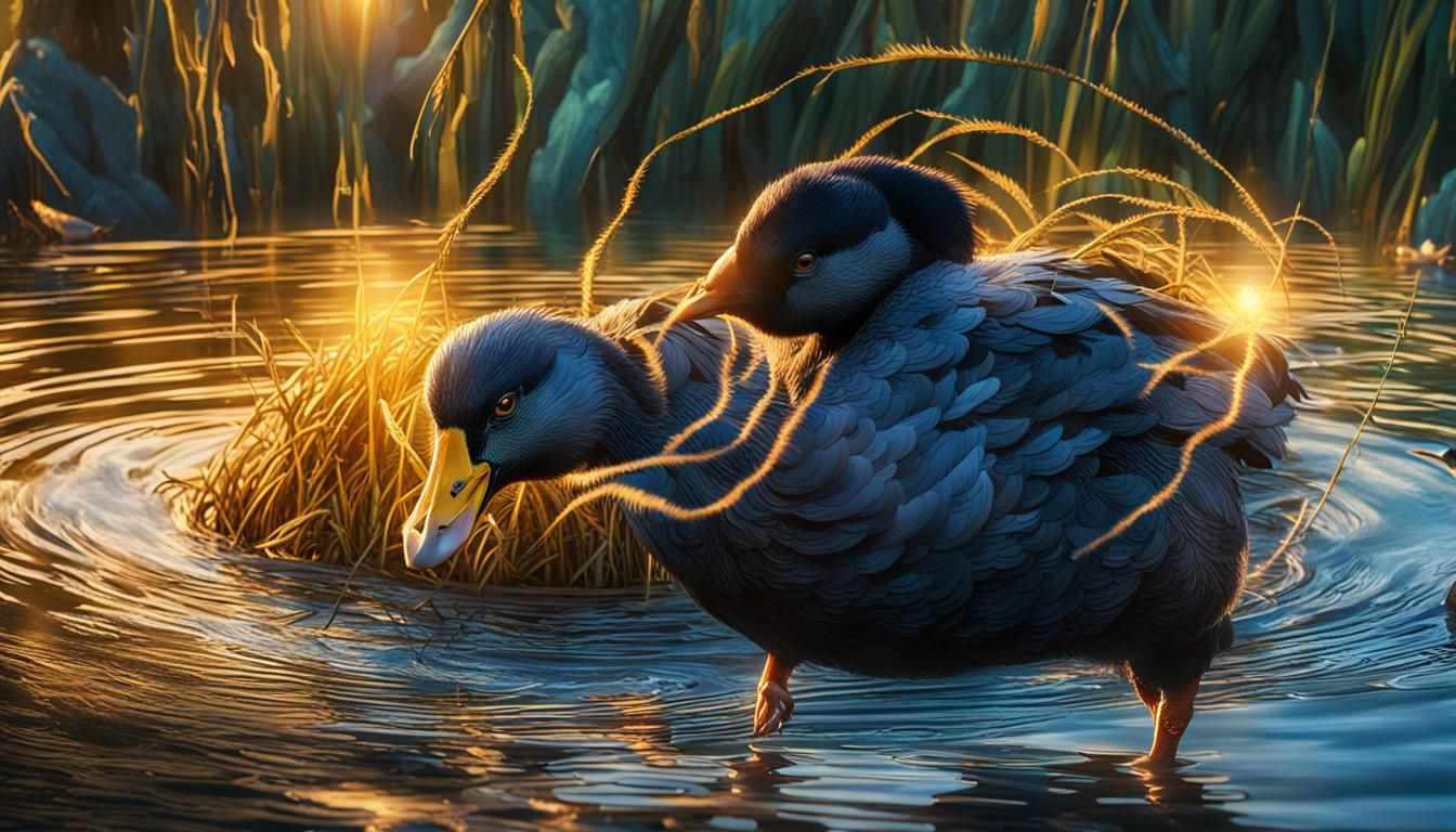 Fantasy Coot Chases Duck from Nest in Vibrant Matte Painting