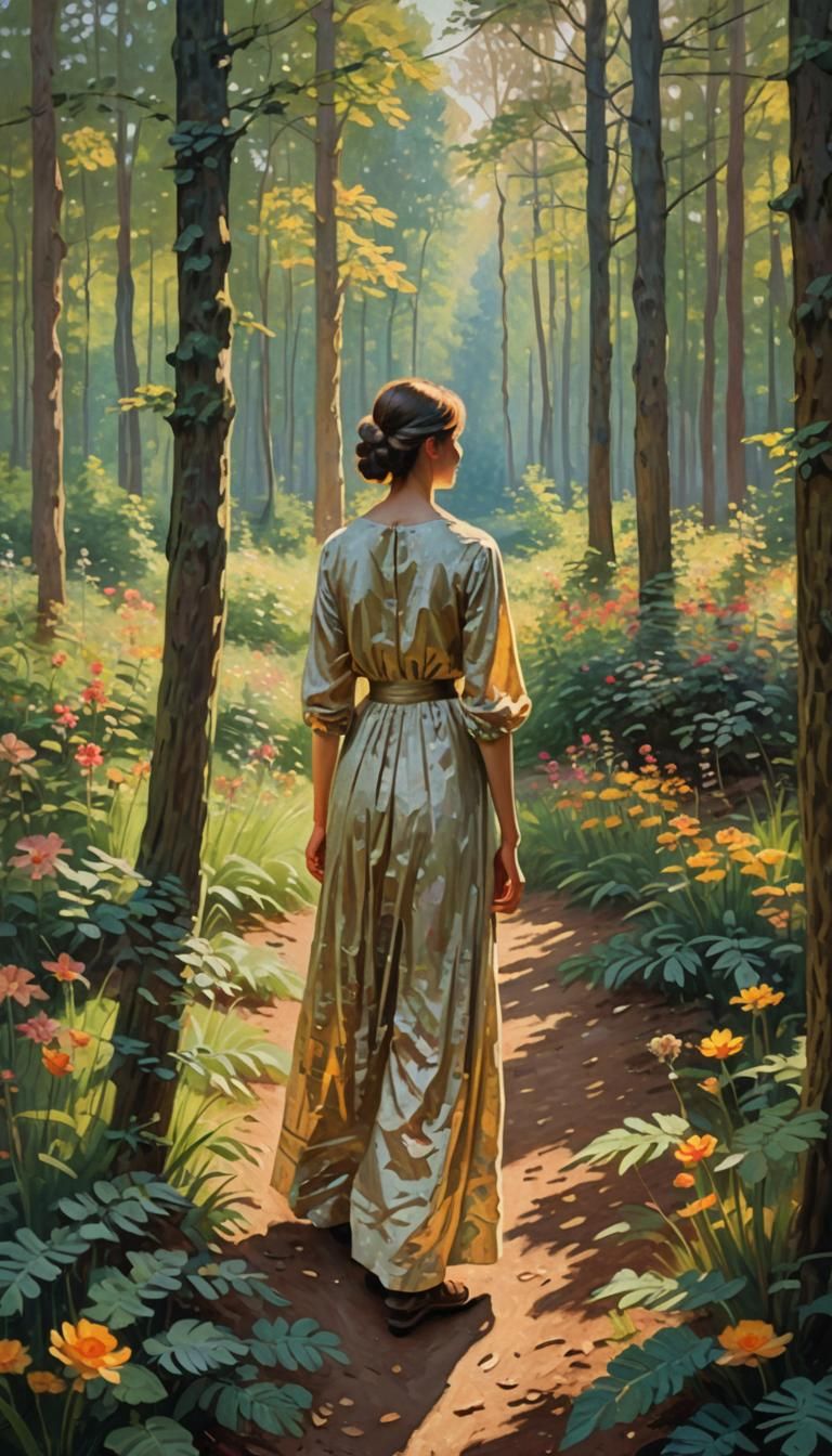 Serene Impressionist Forest Scene in Golden Hour