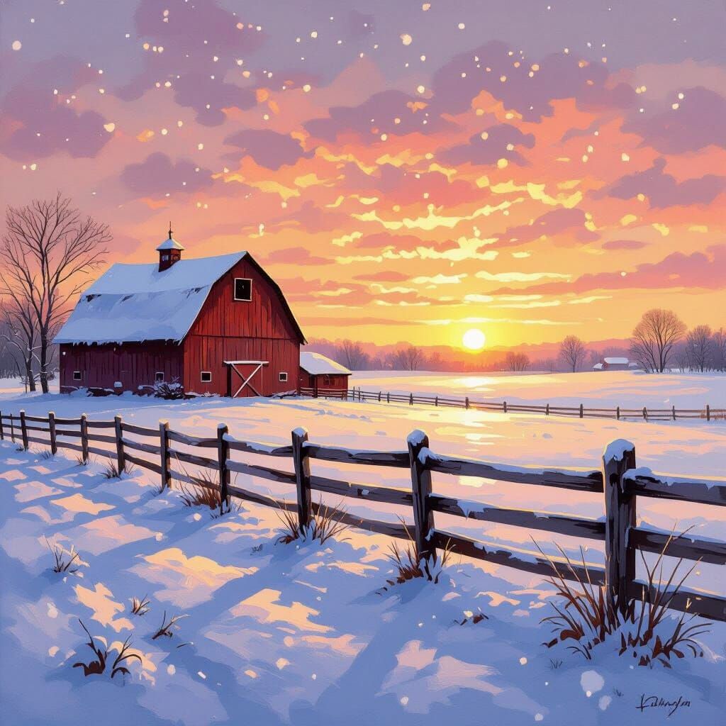 Peaceful Winter Sunrise Oil Painting of a Country Farm