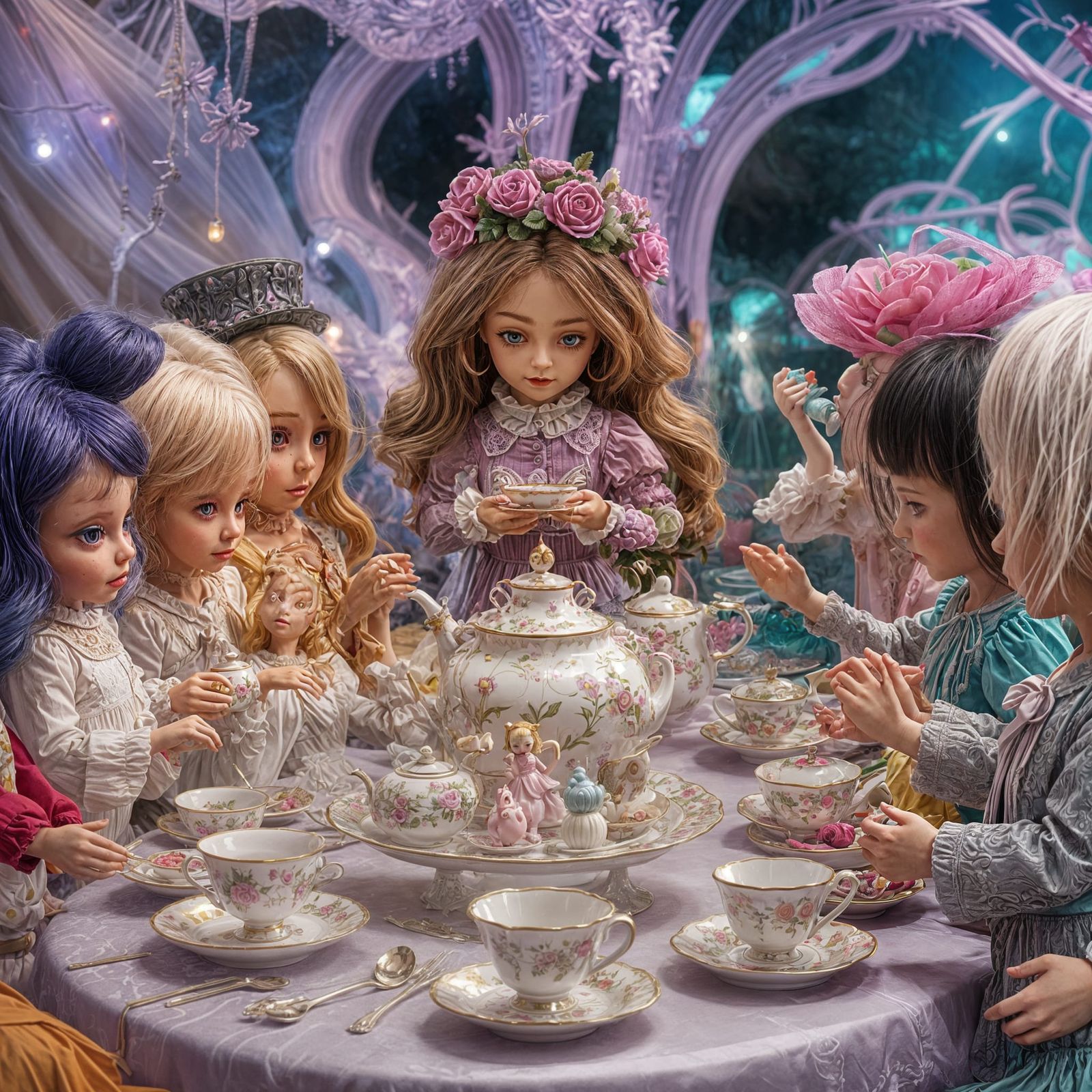 Vibrant 3D Dolls Tea Party in Whimsical Forest