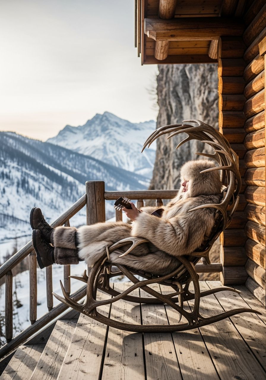 Surreal Antler Chair with Human Legs and Mountain View