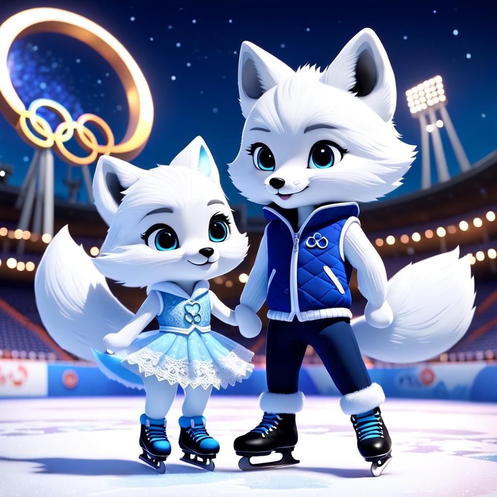 Chibi Snow Foxes Ice Skating Under Olympic Stadium
