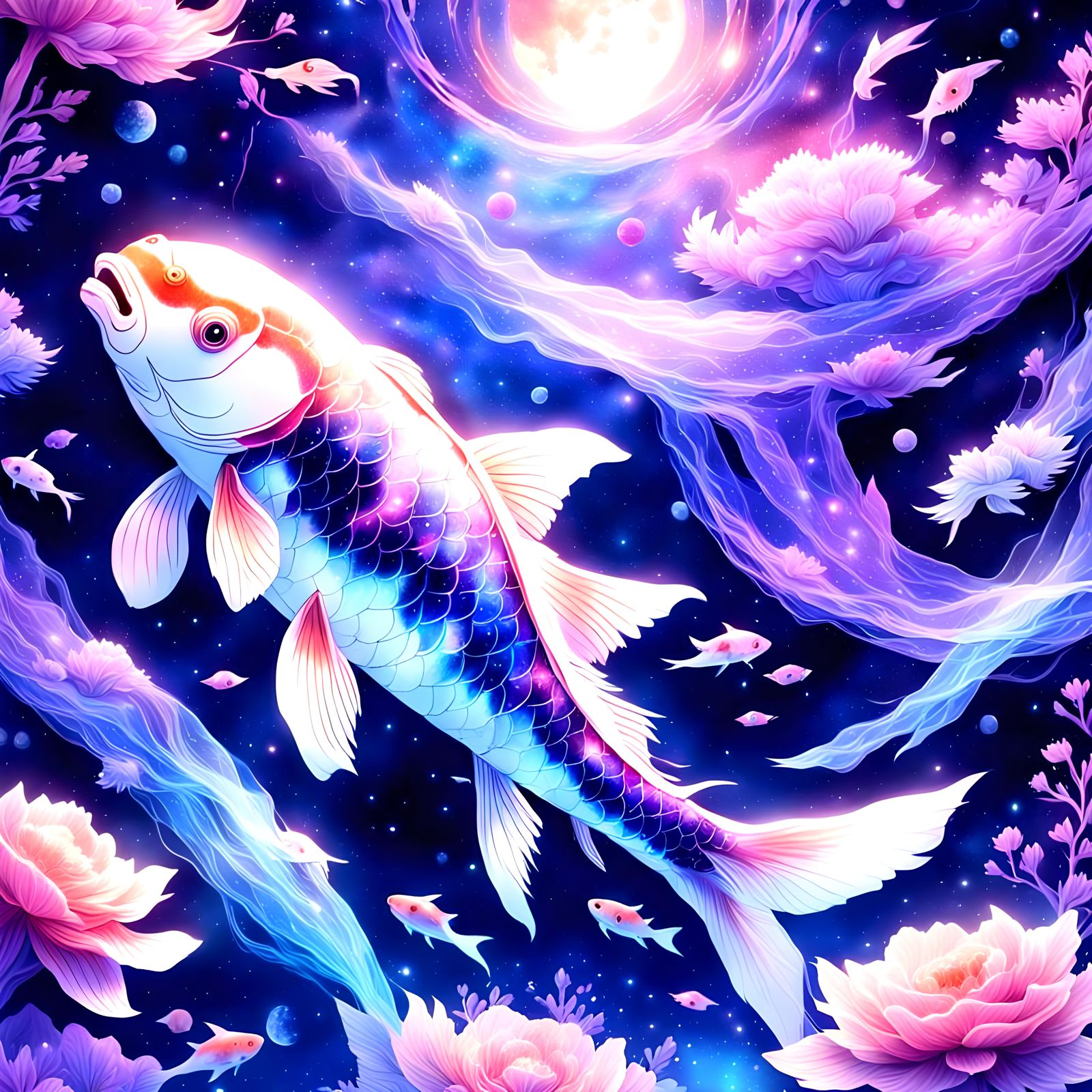 Ethereal Koi Swim Among Cosmic Constellations in Vibrant Det...