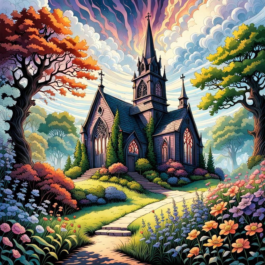 Whimsical Gothic Church in an Enchanted Spring Landscape