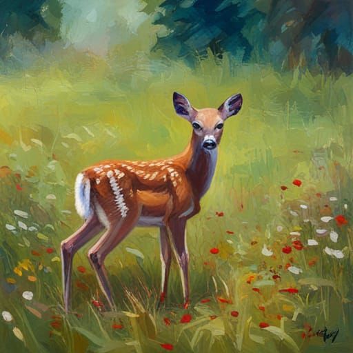 Whimsical Baby Deer in a Vibrant Oil Painting