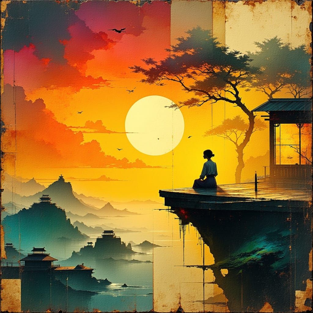 Cosmic Sunset Seascape in Distressed Vintage Style