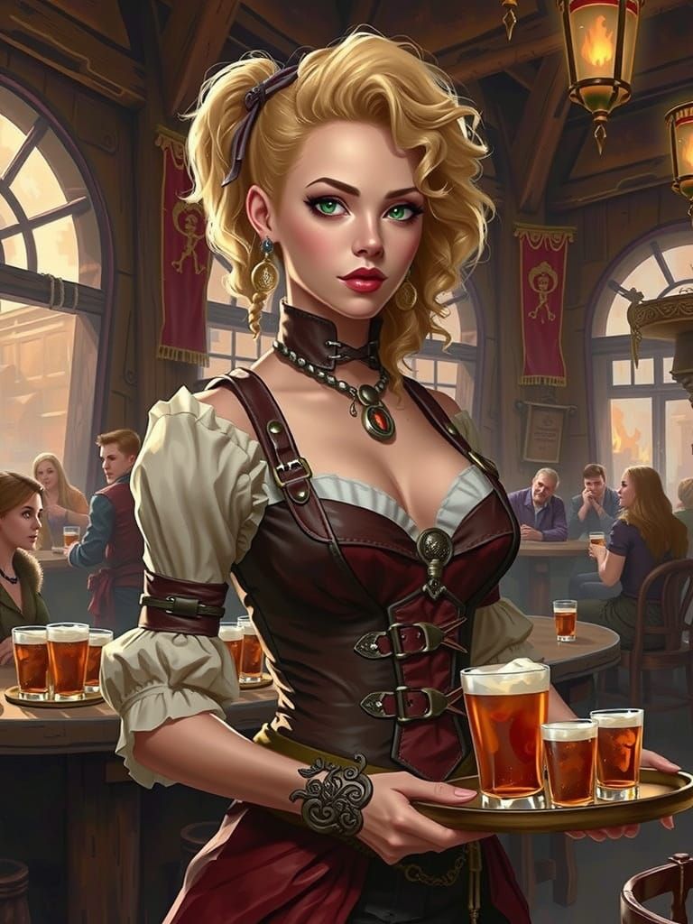Tavern Wench in Fiery Attire, Fantasy Tavern Setting