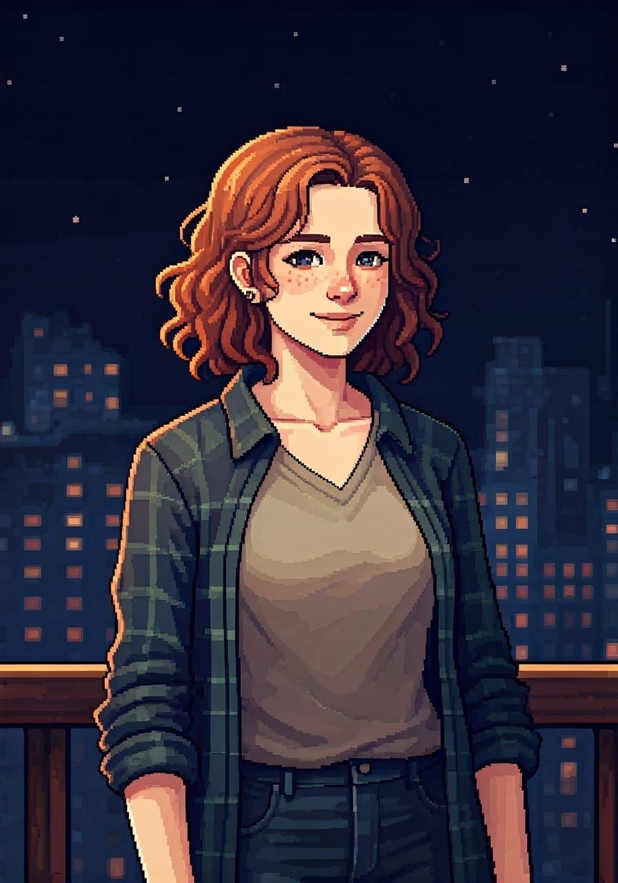 Pixel Art Portrait of a Smiling Young Woman in Nighttime Set...