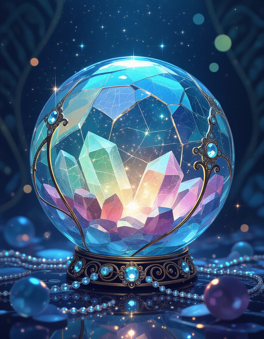 Aquamarine Sphere with Luminescent Lights and Jewelry