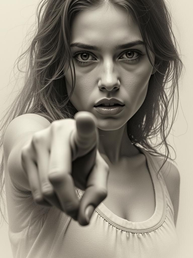 Intense Young Woman Reaches Out with Focused Gaze