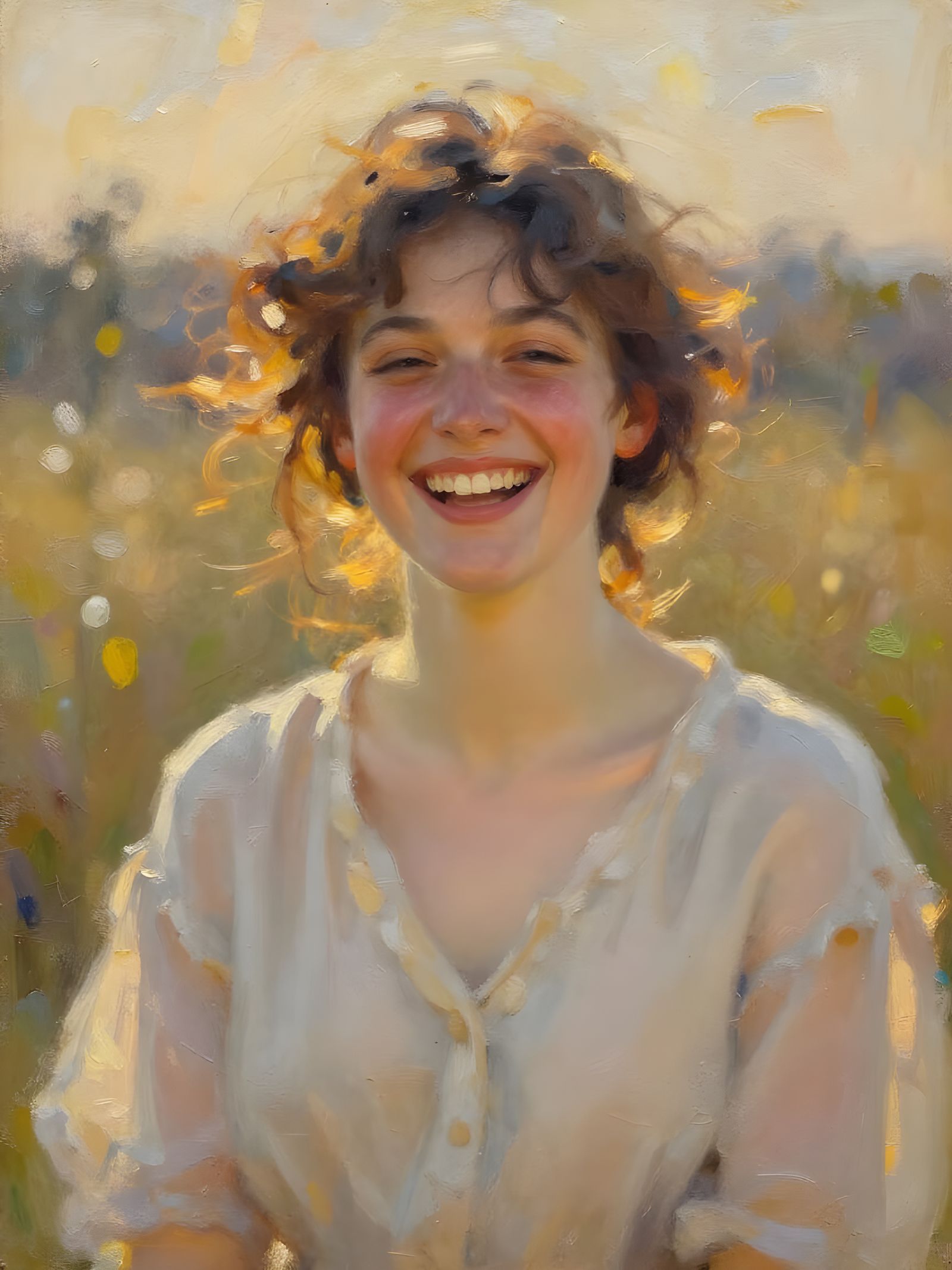 Woman Laughing in Golden Morning Light Oil Painting