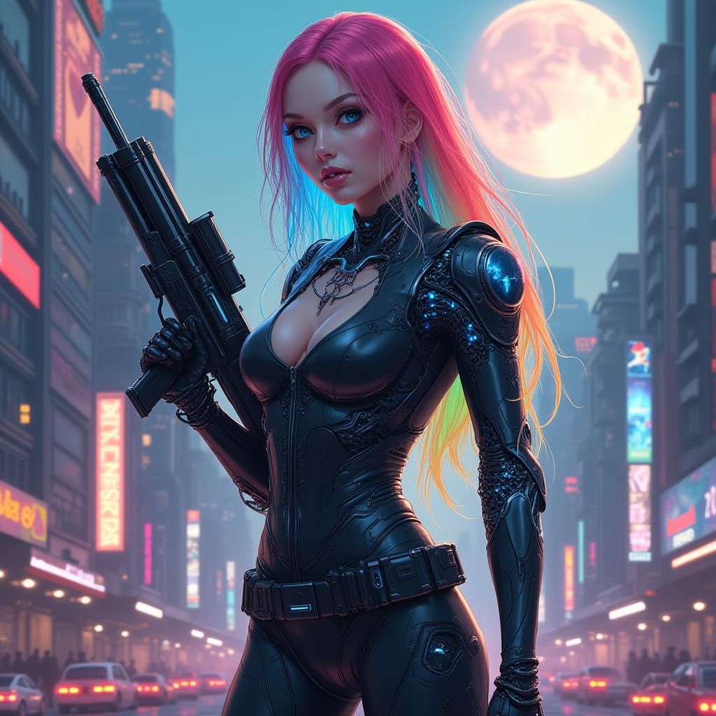 Cyborg Goddess with Rainbow Hair and Machine Gun Arm in Futu...