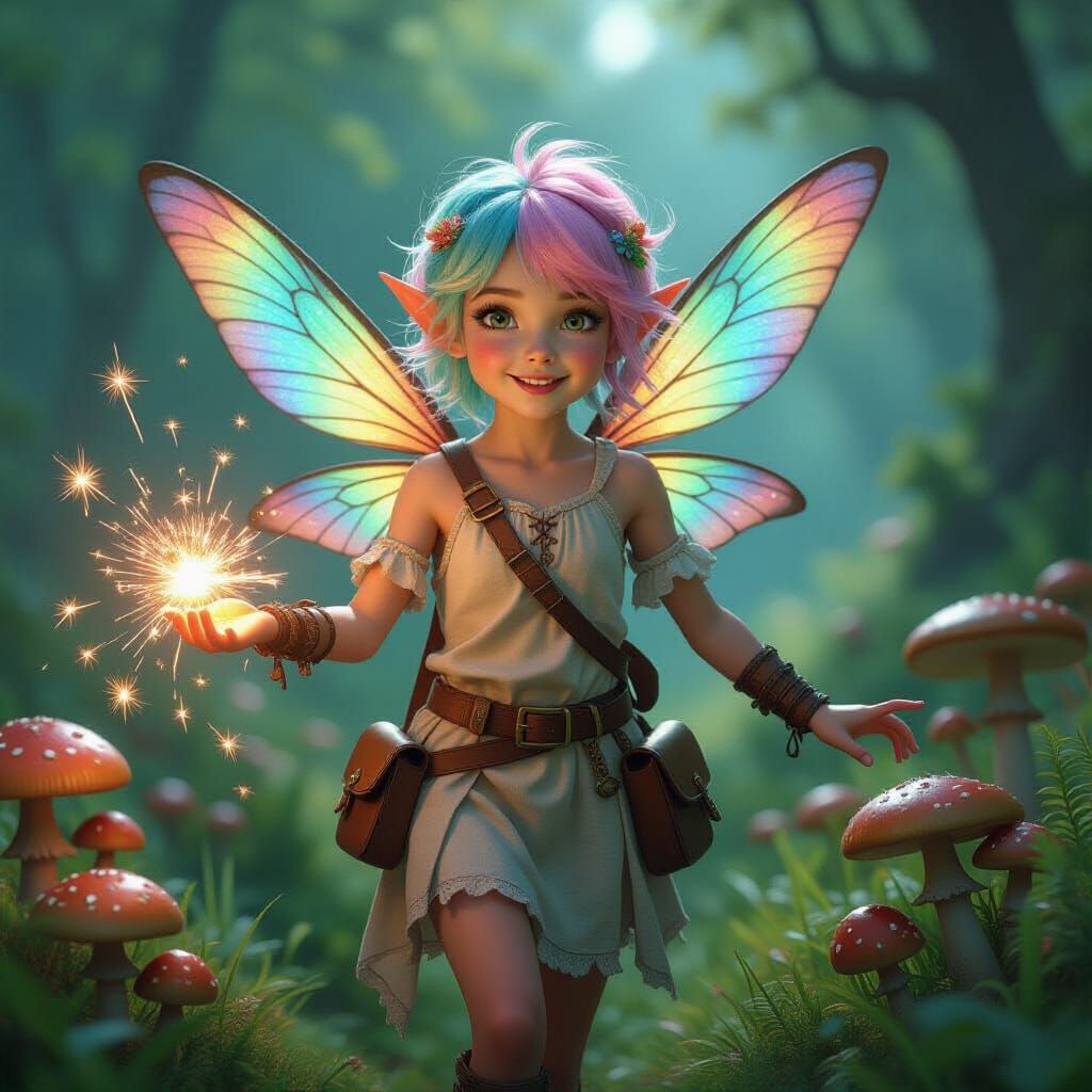 Fantastical Fairy in Mushroom Forest Digital Painting