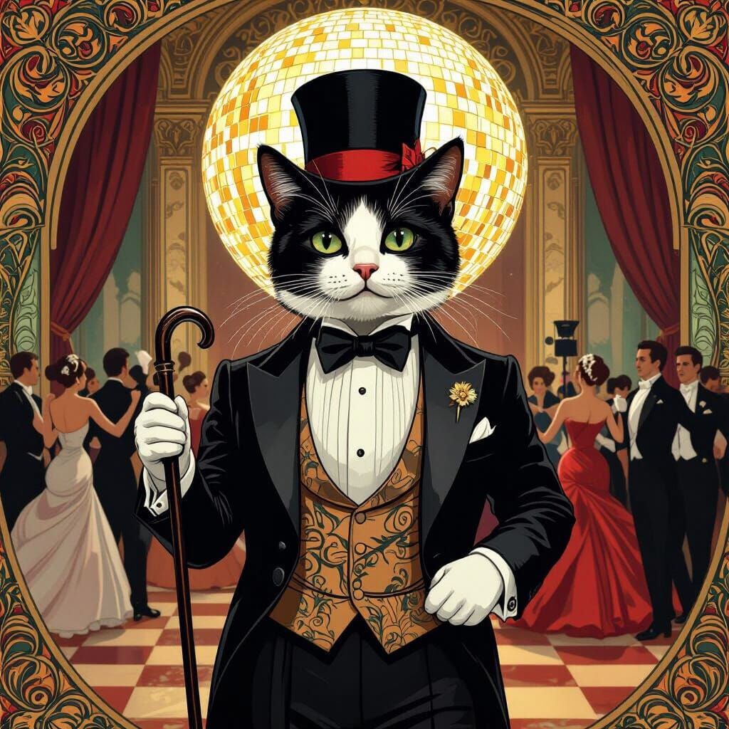 Dapper Tuxedo Cat in Art Nouveau Ballroom