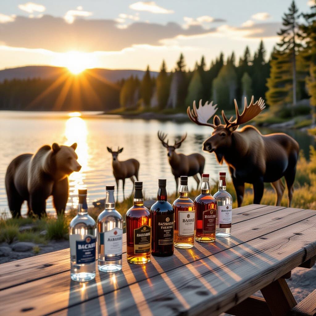 Liquor Bottles with Wildlife by a Lake at Golden Hour
