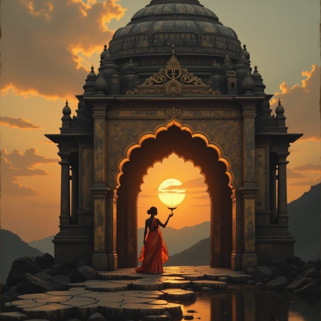 Indian Woman Holds Lamp at Temple Entrance