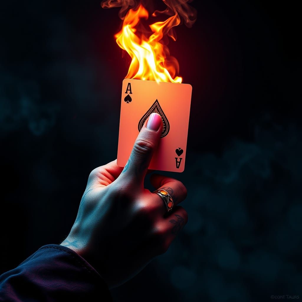 Magician's Hand Holds Flaming Ace of Spades in Neon-Lit Dark...