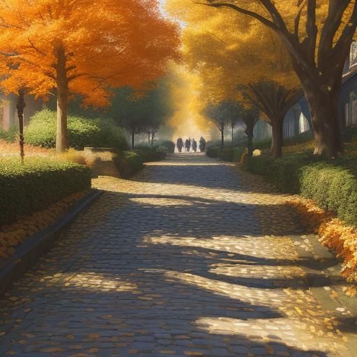 Impressionist Autumn Scene with Pumpkins and Walking Group