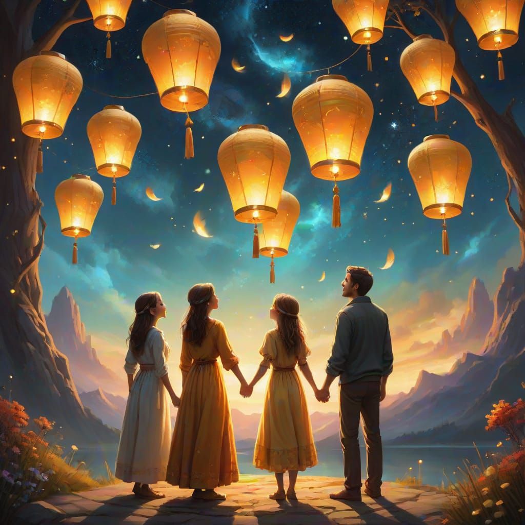 Family Sending Lanterns to Starry Sky