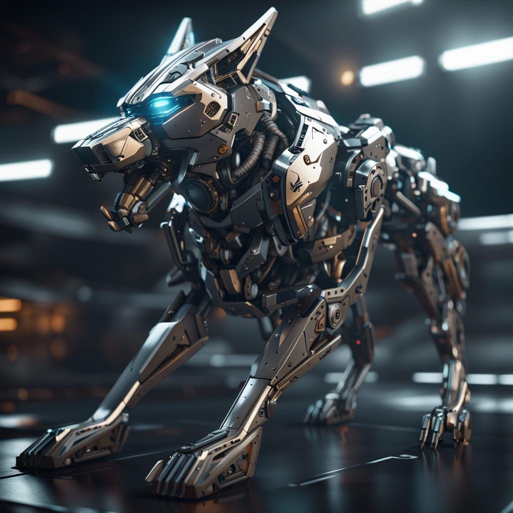 Epic Sci-Fi Mech Wolf with Polished Metal Details