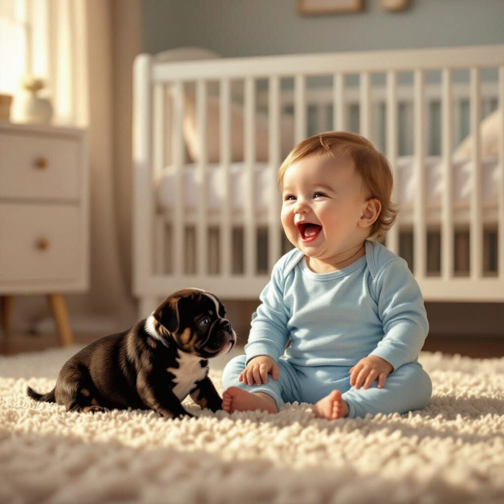 Joyful Baby Laughing with Puppy in Sunny Nursery