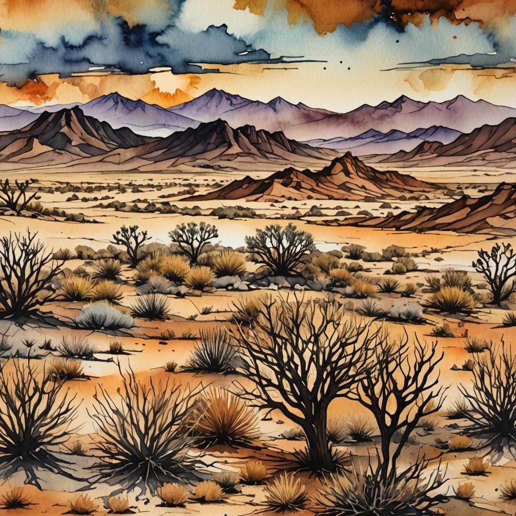 Dry Desert Landscape in Warm Watercolor Ink