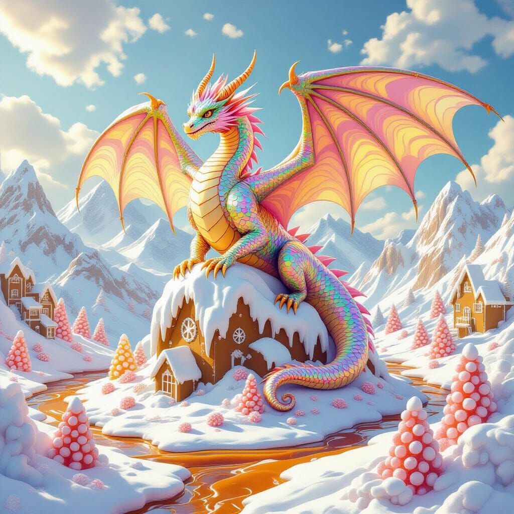 Iridescent Dragon on Gingerbread Mountain in Spun Sugar Styl...